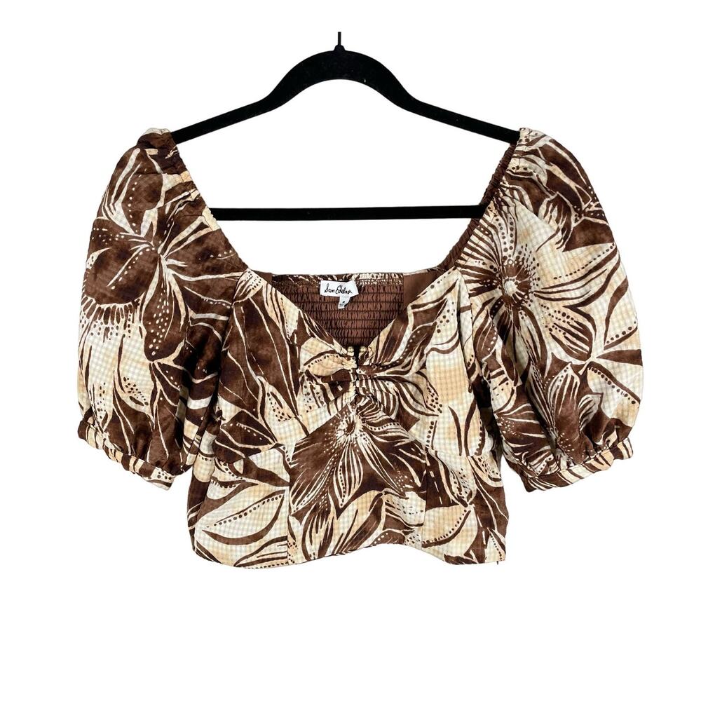 Sam Edelman Top Womens M Brown Floral Puff Sleeve Crop Smocked Blouse Tropical